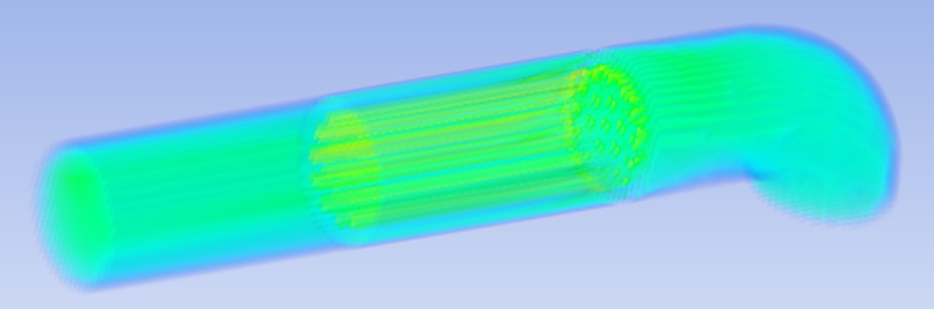 Streamlines through the elbow and tube bundle